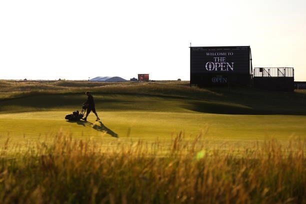 Greenkeepers tend to the course ahead of Day One of The 149th Open at Royal St George’s Golf Club on July 15, 2021 in Sandwich, England.
