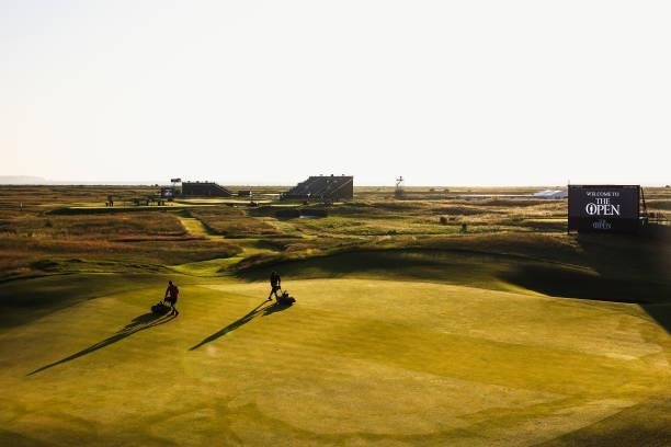 Greenkeepers tend to the course ahead of Day One of The 149th Open at Royal St George’s Golf Club on July 15, 2021 in Sandwich, England.