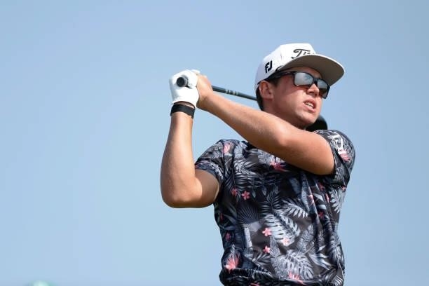 Garrick Higgo of South Africa plays his shot from the tenth tee during Day One of The 149th Open at Royal St George’s Golf Club on July 15, 2021 in...