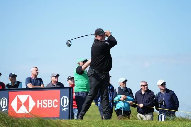 Darren Clarke of Northern Ireland plays his shot from the seventh tee during Day One of The 149th Open at Royal St George’s Golf Club on July 15,...