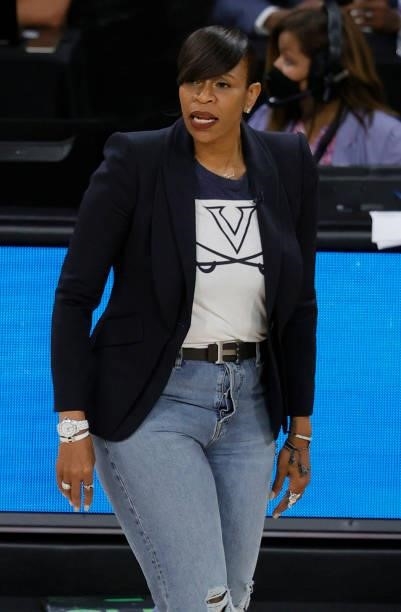 Co-head coach Tina Thompson of Team WNBA looks on during the 2021 WNBA All-Star Game against the USA Women's National Team at Michelob ULTRA Arena on...