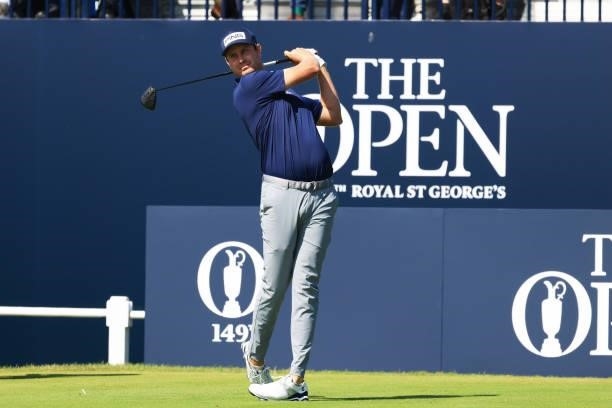 Harris English of the United States plays his shot from the first tee during Day One of The 149th Open at Royal St George’s Golf Club on July 15,...