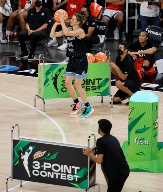 Allie Quigley of the Chicago Sky competes in the final round of the 3-Point Contest during halftime of the 2021 WNBA All-Star Game at Michelob ULTRA...