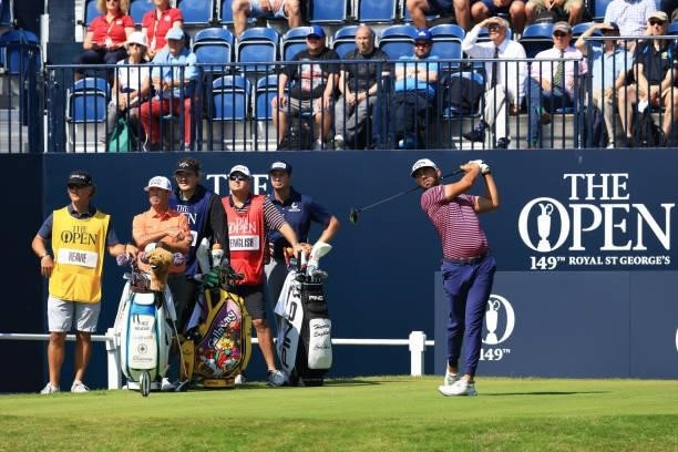 Erik van Rooyen of South Africa plays his shot from the first tee during Day One of The 149th Open at Royal St George’s Golf Club on July 15, 2021 in...