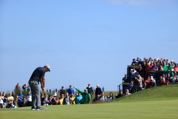 Bryson Dechambeau of The United States putts on the 2nd green during Day One of The 149th Open at Royal St George’s Golf Club on July 15, 2021 in...