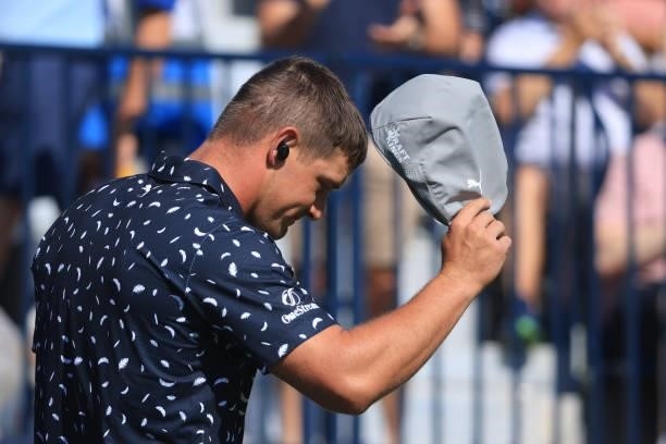 Bryson Dechambeau of The United States reacts on the 1st tee during Day One of The 149th Open at Royal St George’s Golf Club on July 15, 2021 in...