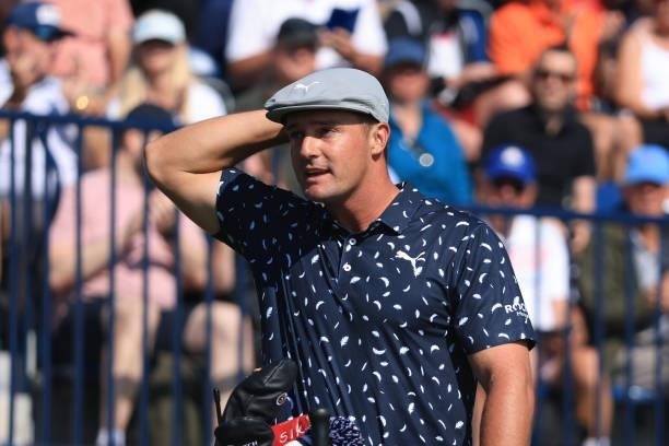 Bryson Dechambeau of The United States reacts on the 1st tee during Day One of The 149th Open at Royal St George’s Golf Club on July 15, 2021 in...