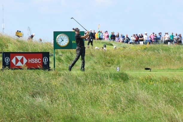 Ian Poulter of England plays his shot from the 11th tee during Day One of The 149th Open at Royal St George’s Golf Club on July 15, 2021 in Sandwich,...