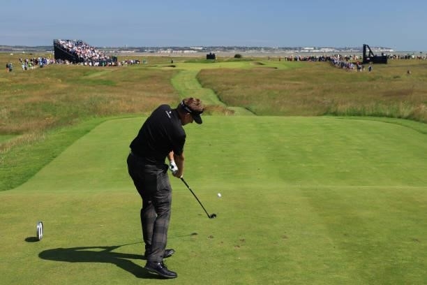 Ian Poulter of England tees off on the 11th hole during Day One of The 149th Open at Royal St George’s Golf Club on July 15, 2021 in Sandwich,...