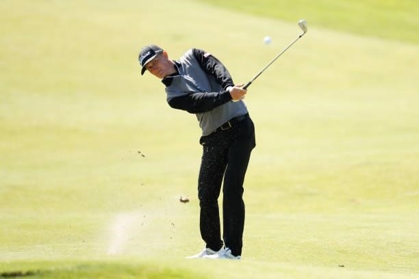 Marcus Kinhult of Sweden plays a shot on the ninth hole during Day One of The 149th Open at Royal St George’s Golf Club on July 15, 2021 in Sandwich,...