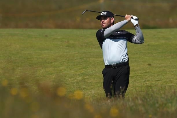 Louis Oosthuizen of South Africa plays a shot on the 4th hole during Day One of The 149th Open at Royal St George’s Golf Club on July 15, 2021 in...