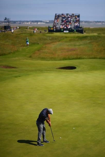 Bryson Dechambeau of The United States putts on the 6th green during Day One of The 149th Open at Royal St George’s Golf Club on July 15, 2021 in...