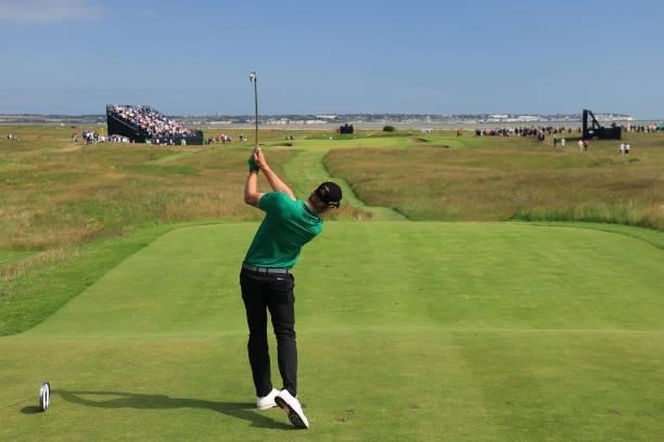 Thomas Detry of Belgium tees off on the 11th hole during Day One of The 149th Open at Royal St George’s Golf Club on July 15, 2021 in Sandwich,...