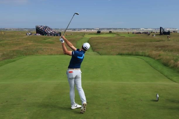 Viktor Hovland of Norway tees off on the 11th hole during Day One of The 149th Open at Royal St George’s Golf Club on July 15, 2021 in Sandwich,...