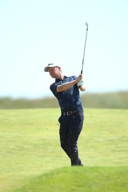 Justin Harding of South Africa plays his second shot on the 18th hole during Day One of The 149th Open at Royal St George’s Golf Club on July 15,...