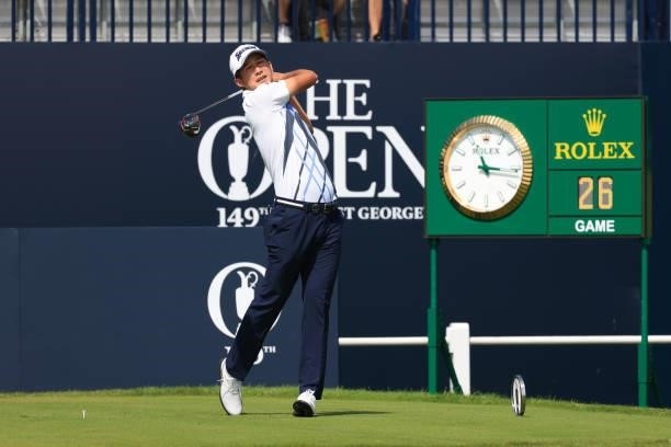Rikuya Hoshino of Japan plays his shot from the first tee during Day One of The 149th Open at Royal St George’s Golf Club on July 15, 2021 in...