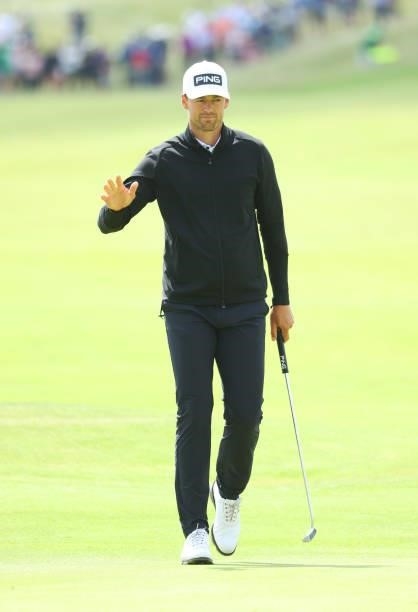 Victor Perez of France reacts on the seventh hole during Day One of The 149th Open at Royal St George’s Golf Club on July 15, 2021 in Sandwich,...