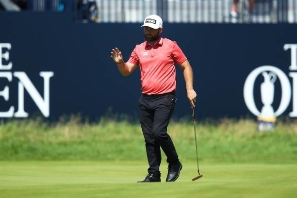 Andy Sullivan of England reacts after the 18th hole during Day One of The 149th Open at Royal St George’s Golf Club on July 15, 2021 in Sandwich,...