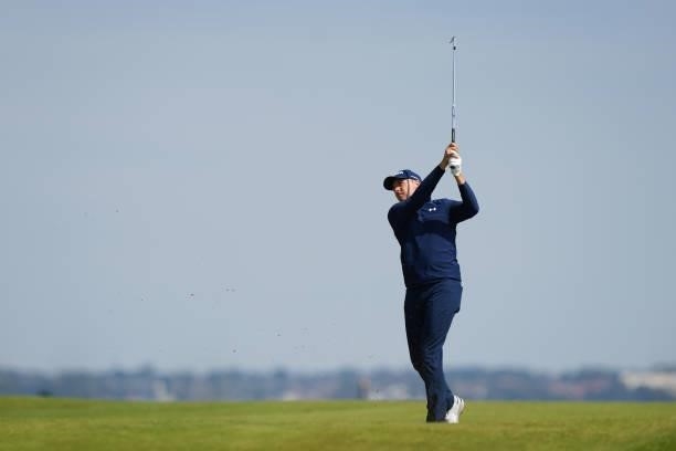 Jordan Spieth of the United States plays a shot on the eighth hole during Day One of The 149th Open at Royal St George’s Golf Club on July 15, 2021...
