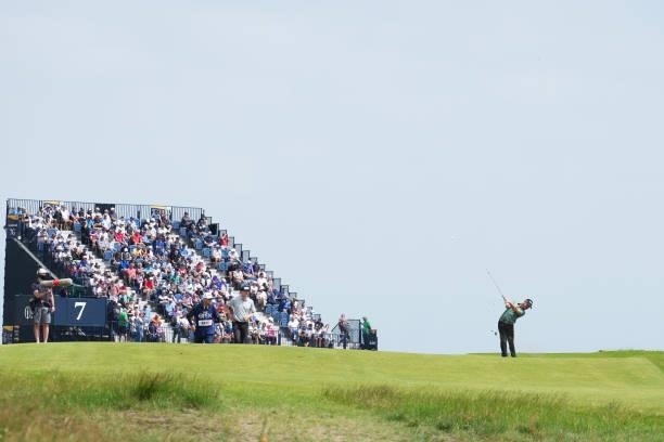 Brian Harman of the United States plays a shot on the eighth hole during Day One of The 149th Open at Royal St George’s Golf Club on July 15, 2021 in...
