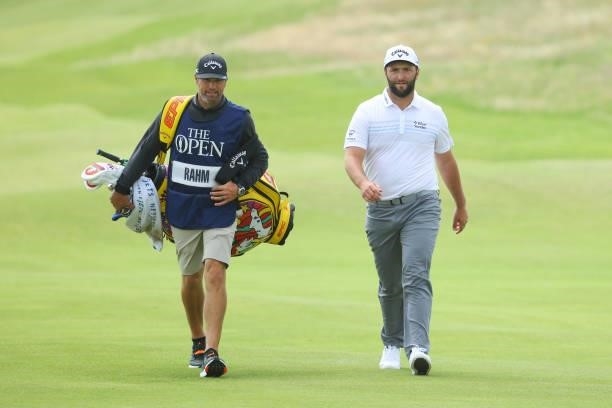 Jon Rahm of Spain makes his way down the seventh hole during Day One of The 149th Open at Royal St George’s Golf Club on July 15, 2021 in Sandwich,...