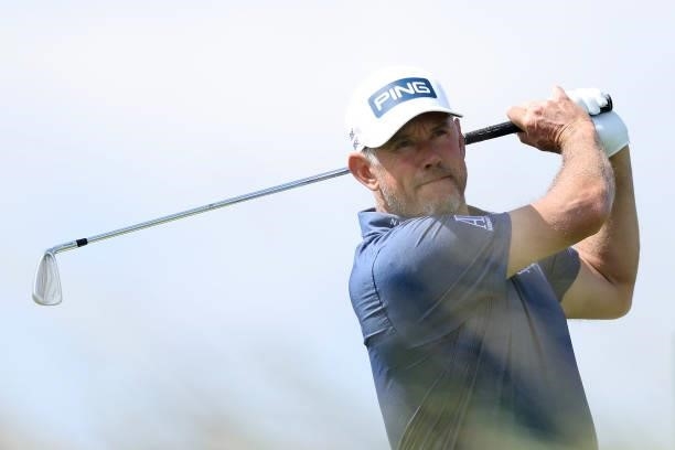 Lee Westwood of England tees off on the 5th hole during Day One of The 149th Open at Royal St George’s Golf Club on July 15, 2021 in Sandwich,...