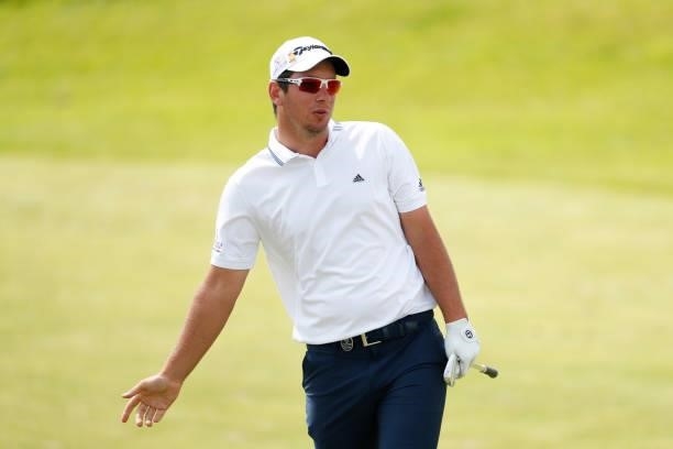 Lucas Herbert of Australia plays a shot on the ninth hole during Day One of The 149th Open at Royal St George’s Golf Club on July 15, 2021 in...
