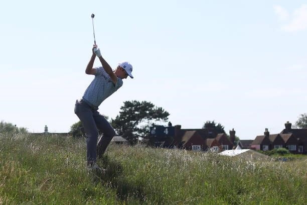 Will Zalatoris of The United States plays a shot on the 4th hole during Day One of The 149th Open at Royal St George’s Golf Club on July 15, 2021 in...