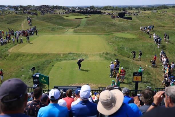 Shane Lowry of Ireland tees off on the 6th hole during Day One of The 149th Open at Royal St George’s Golf Club on July 15, 2021 in Sandwich, England.