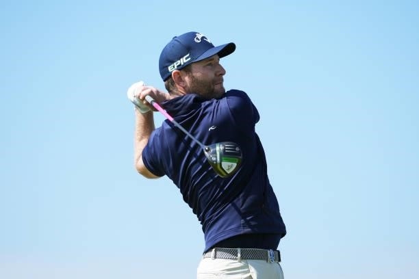 Branden Grace of South Africa plays his shot from the seventh tee during Day One of The 149th Open at Royal St George’s Golf Club on July 15, 2021 in...