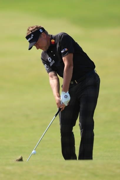 Ian Poulter of England plays his third shot on the 13th hole during Day One of The 149th Open at Royal St George’s Golf Club on July 15, 2021 in...