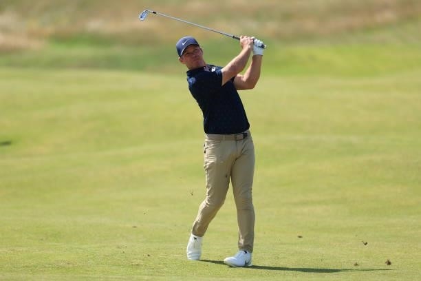 Paul Casey of England plays his second shot on the 13th hole during Day One of The 149th Open at Royal St George’s Golf Club on July 15, 2021 in...