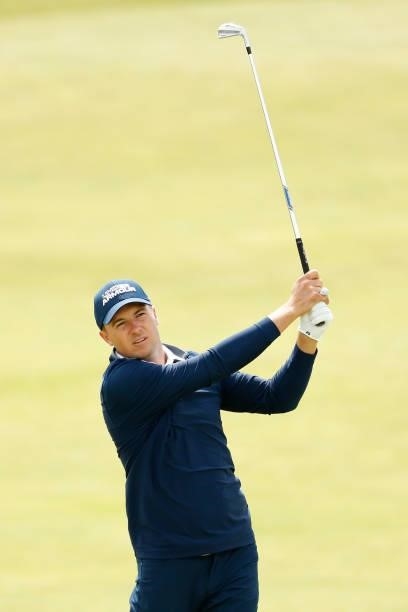 Jordan Spieth of the United States plays a shot on the ninth hole during Day One of The 149th Open at Royal St George’s Golf Club on July 15, 2021 in...