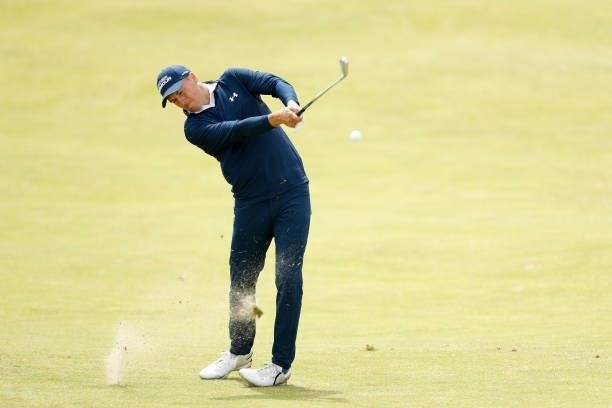 Jordan Spieth of the United States plays a shot on the ninth hole during Day One of The 149th Open at Royal St George’s Golf Club on July 15, 2021 in...