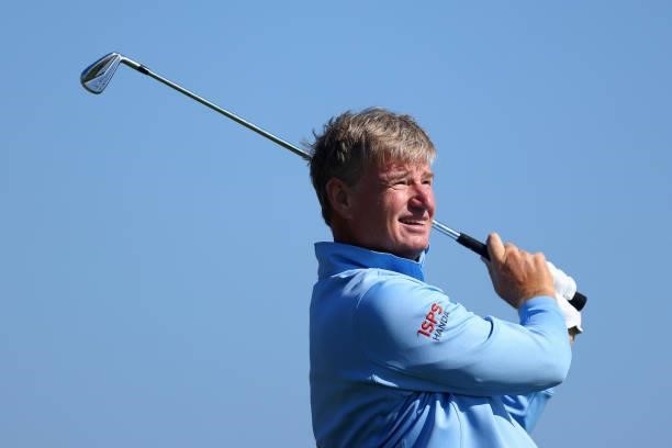 Ernie Els of South Africa tees off on the 3rd hole during Day One of The 149th Open at Royal St George’s Golf Club on July 15, 2021 in Sandwich,...