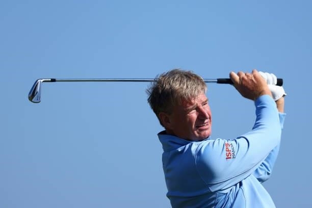 Ernie Els of South Africa tees off on the 3rd hole during Day One of The 149th Open at Royal St George’s Golf Club on July 15, 2021 in Sandwich,...