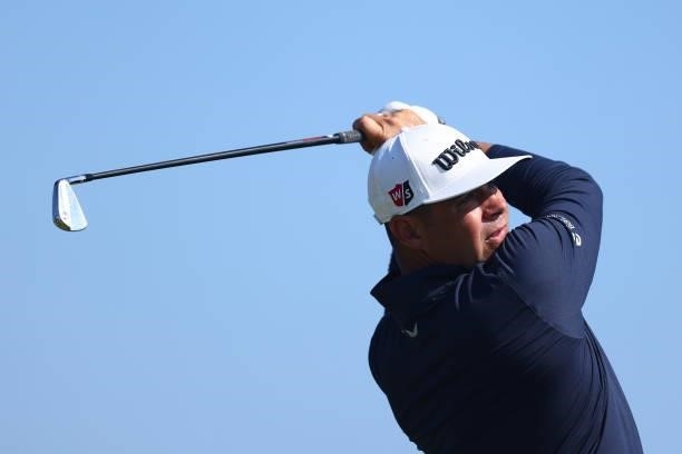 Gary Woodland of The United States tees off on the 3rd hole during Day One of The 149th Open at Royal St George’s Golf Club on July 15, 2021 in...