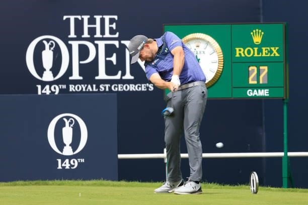 Daniel Croft of England plays his shot from the first tee during Day One of The 149th Open at Royal St George’s Golf Club on July 15, 2021 in...