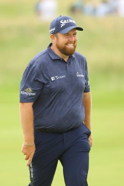 Shane Lowry of Ireland reacts on the seventh hole during Day One of The 149th Open at Royal St George’s Golf Club on July 15, 2021 in Sandwich,...