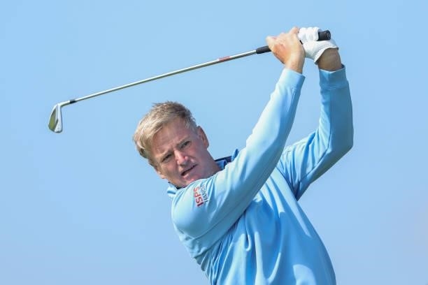 Ernie Els of South Africa tees off on the 5th hole during Day One of The 149th Open at Royal St George’s Golf Club on July 15, 2021 in Sandwich,...