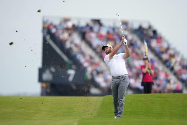 Jon Rahm of Spain plays a shot on the eighth hole during Day One of The 149th Open at Royal St George’s Golf Club on July 15, 2021 in Sandwich,...