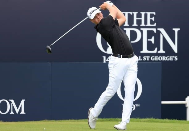 Amateur Christoffer Bring of Denmark plays his shot from the first tee during Day One of The 149th Open at Royal St George’s Golf Club on July 15,...