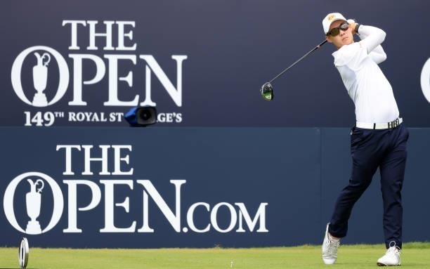 Jazz Janewattananond of Thailand plays his shot from the first tee during Day One of The 149th Open at Royal St George’s Golf Club on July 15, 2021...
