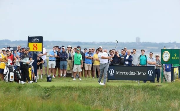 Jon Rahm of Spain plays his shot from the eighth tee during Day One of The 149th Open at Royal St George’s Golf Club on July 15, 2021 in Sandwich,...