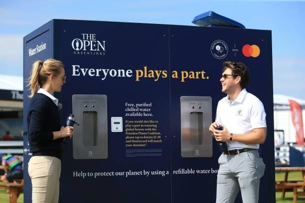 Sky Sports presenter Iona Stephen interviews Niall Horan on event sustainability during Day One of The 149th Open at Royal St George’s Golf Club on...