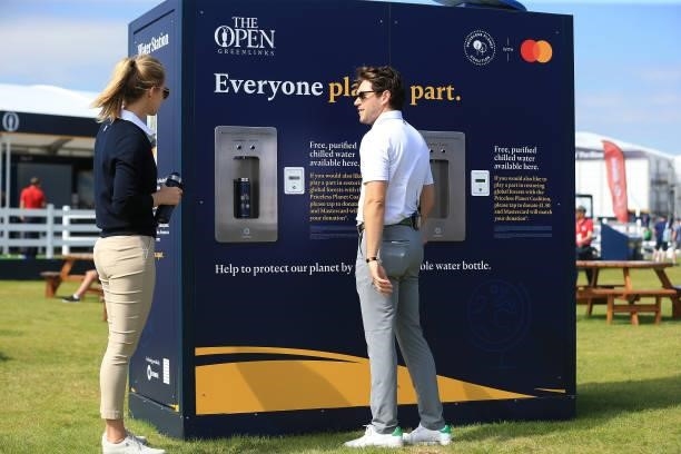 Sky Sports presenter Iona Stephen interviews Niall Horan on event sustainability during Day One of The 149th Open at Royal St George’s Golf Club on...