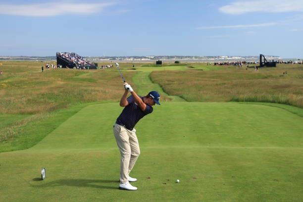 Christiaan Bezuidenhout of South Africa tees off on the 11th hole during Day One of The 149th Open at Royal St George’s Golf Club on July 15, 2021 in...
