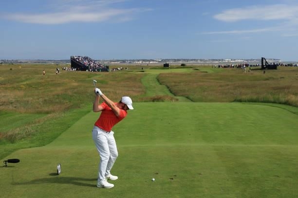 Sam Horsfield of England tees off on the 11th hole during Day One of The 149th Open at Royal St George’s Golf Club on July 15, 2021 in Sandwich,...