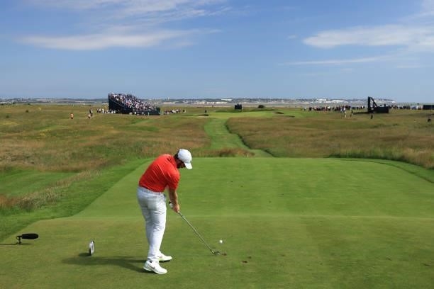 Sam Horsfield of England tees off on the 11th hole during Day One of The 149th Open at Royal St George’s Golf Club on July 15, 2021 in Sandwich,...