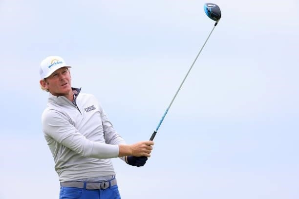 Brandt Snedeker of United States tees off on the 5th hole during Day One of The 149th Open at Royal St George’s Golf Club on July 15, 2021 in...